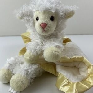 Aurora Baby Lamb Sheep Lovey White Plush Baby Security Blanket Yellow Satin Trim